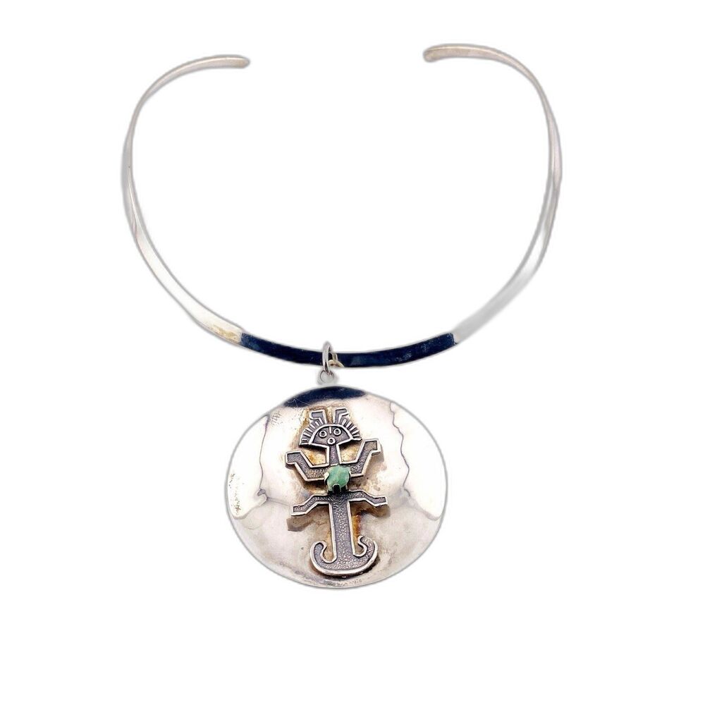 Modernist 900 Silver Mermaid Pendant Necklace with Emerald – Rare MCM Design